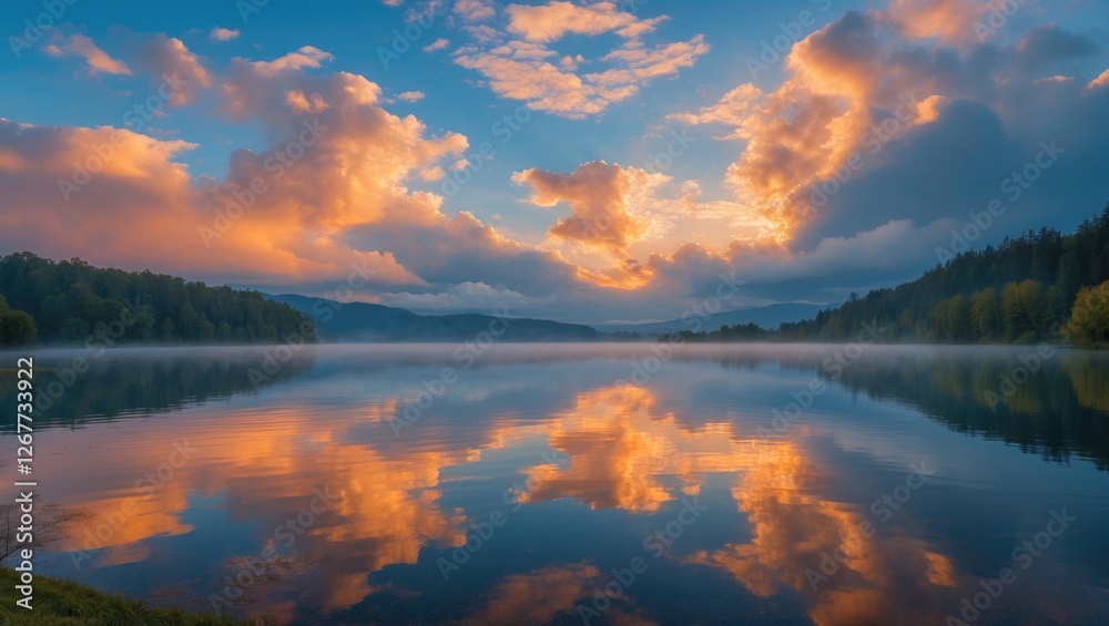 Fototapeta premium Tranquil lake landscape at sunrise with colorful clouds and reflections in calm water surrounded by forested hills Copy Space