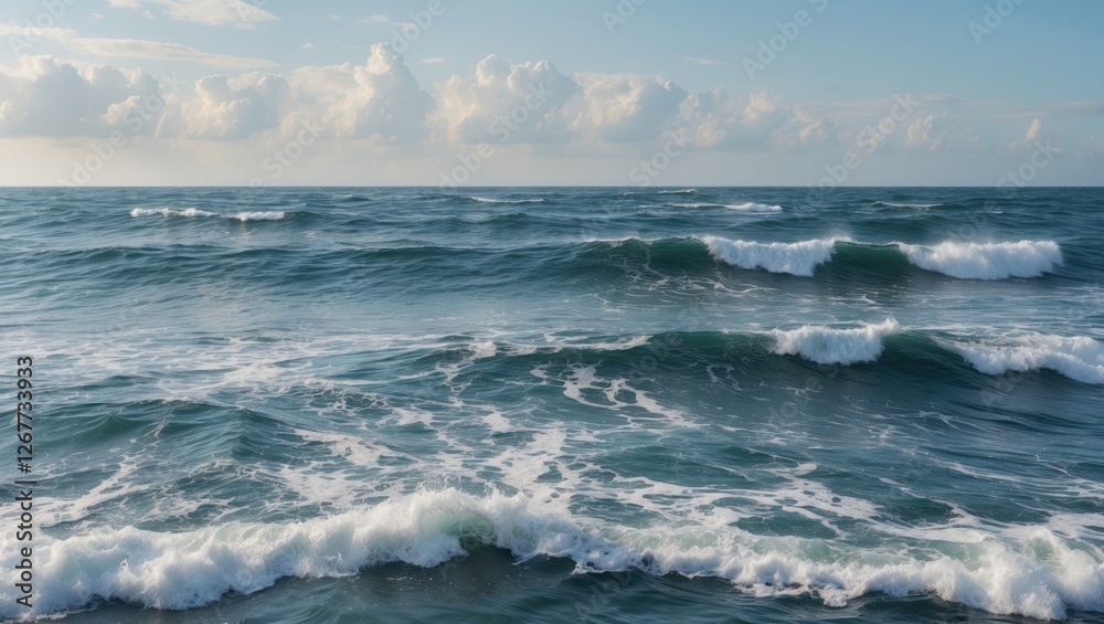 Ocean waves meeting the shore under a partly cloudy sky with gentle ripples and foam Copy Space Ocean waves meeting the shore under a partly cloudy sky with gentle ripples and foam Copy Space