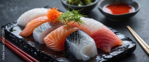 Fresh assorted sushi on a black slate plate with garnishes and dipping sauce in the background Copy Space photo