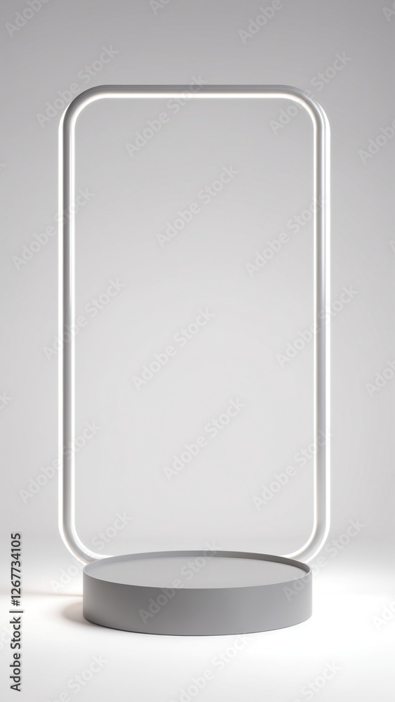 Silver Pedestal of platform display with neon modern stand podium on white room background. Blank Exhibition stage backdrop or empty product shelf. 3D rendering Silver Pedestal of platform display with neon modern stand podium on white room background. Blank Exhibition stage backdrop or empty product shelf. 3D rendering