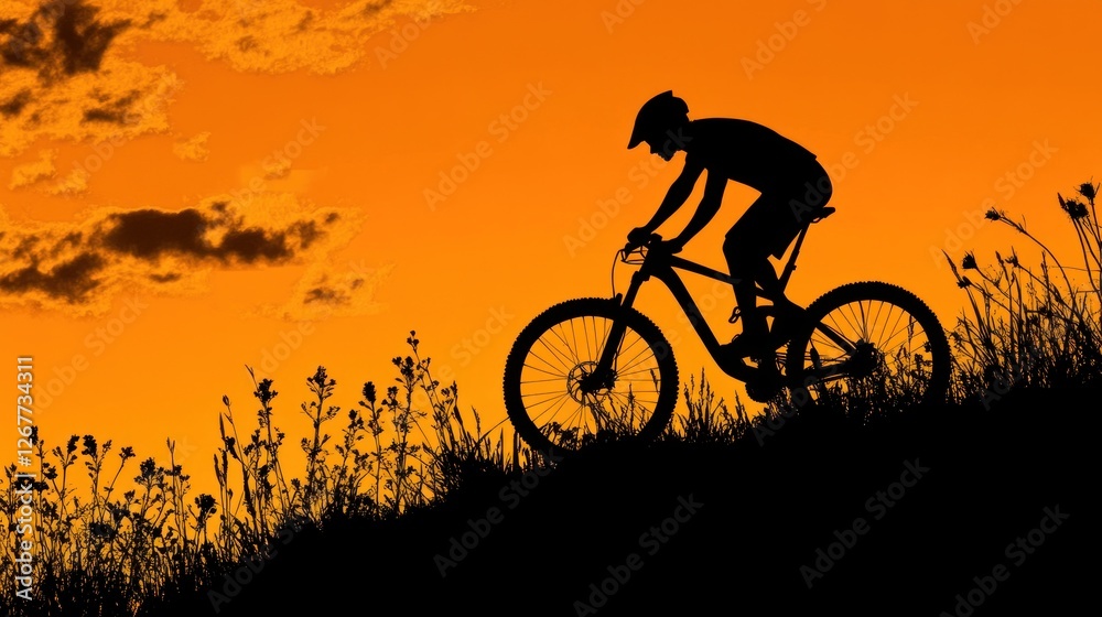 Obraz premium Silhouette of a Mountain Biker at Sunset