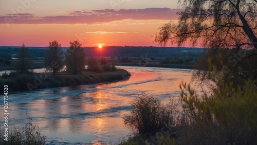 River landscape at sunset with reflections on water and foliage along the banks in a serene environment Copy Space photo