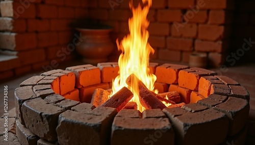 Harappan fire altar with sacred and atmospheric presence featuring sunken brick hearth glowing with embers