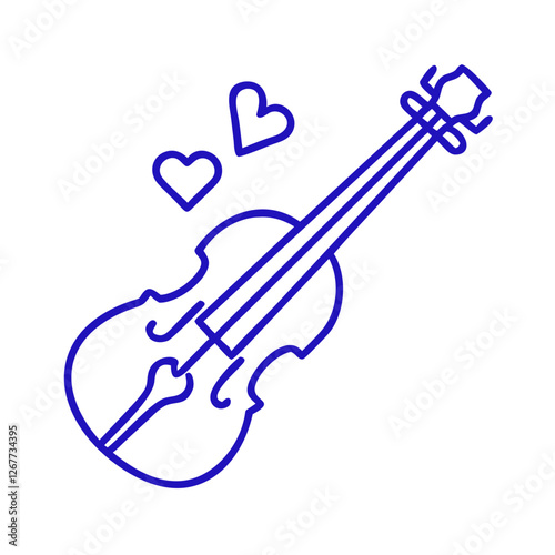 Violin icon with hearts, representing love for music, blue outline, modern design