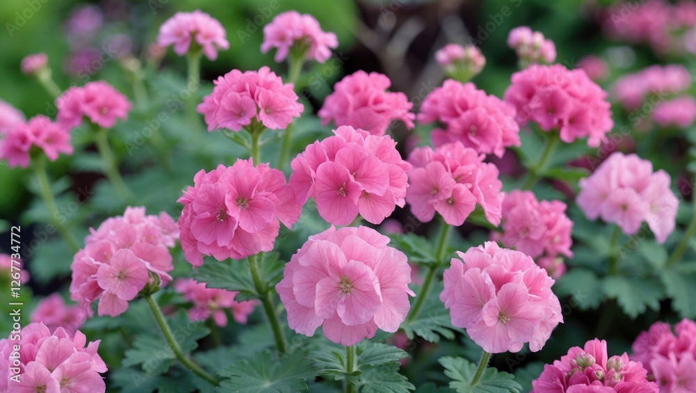 Pink geranium flowers in full bloom with lush green foliage on a sunny day suitable for botanical decoration and floral themes. Copy Space Pink geranium flowers in full bloom with lush green foliage on a sunny day suitable for botanical decoration and floral themes. Copy Space