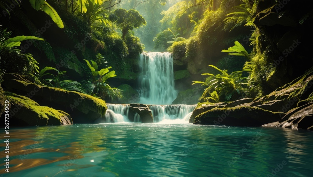 Obraz premium Lush tropical rainforest with cascading waterfall and serene turquoise water surrounded by vibrant foliage and large stones Copy Space