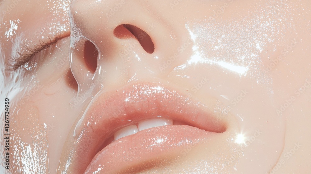 Fototapeta premium Close-up of a woman's face, with her eyes closed and her lips slightly parted. the skin appears to be smooth and shiny, with a light pink color.