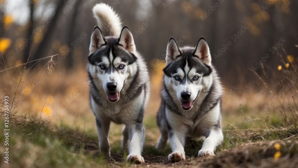 Two Siberian Huskies Walking Together on a Trail Surrounded by Autumn Foliage with Copy Space