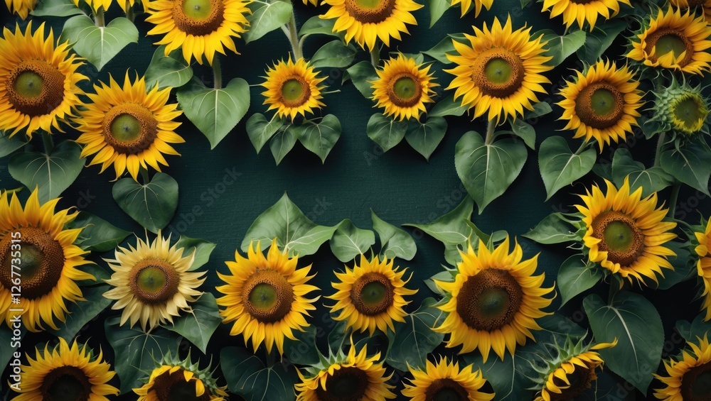 Sunflowers arranged in a flat lay pattern with green leaves on a dark background providing ample Copy Space for text placement Sunflowers arranged in a flat lay pattern with green leaves on a dark background providing ample Copy Space for text placement