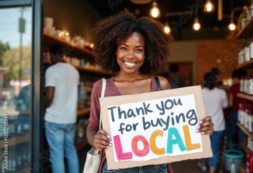 Shop local, lade smiles and holds a sign as shoppers purchase items behind her.