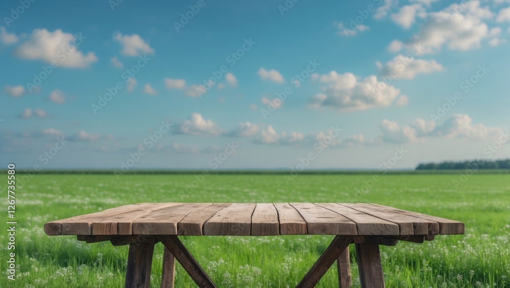 Wooden table in green field under blue sky with clouds ideal for outdoor settings and presentations Copy Space Wooden table in green field under blue sky with clouds ideal for outdoor settings and presentations Copy Space