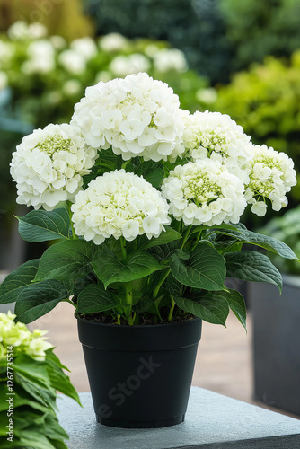 White hydrangea flowers blooming in a black plastic pot placed outdoors among green plants
