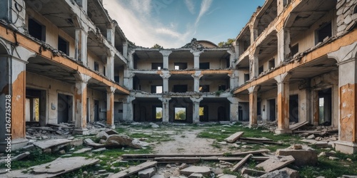 Abandoned ruin of a building with crumbling walls and debris in a courtyard under a blue sky with clouds, architectural decay, urban exploration, Copy Space