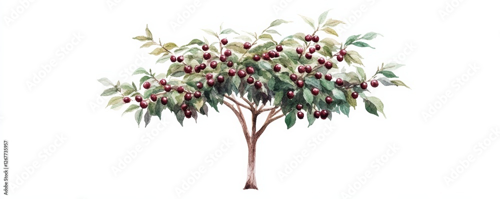 Naklejka premium Watercolor illustration clipart of a lone coffee tree with ripe cherries, emphasizing supply chain resilience under climate adaptation, isolate on white background