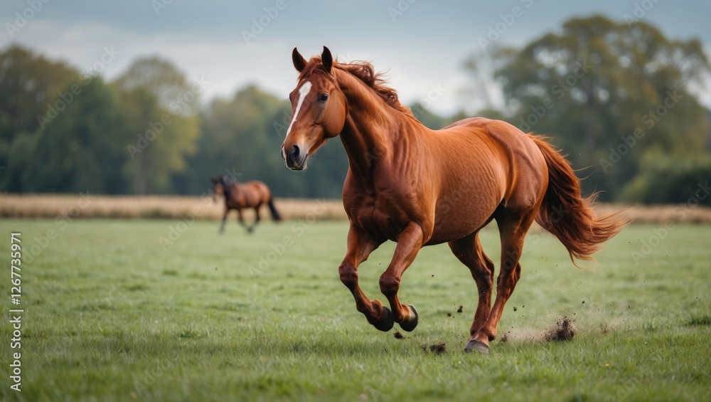 Fototapeta premium Brown horse running freely in a green meadow with blurred background of trees and another horse in motion Copy Space