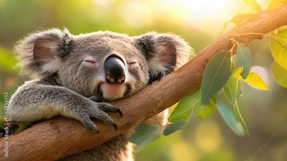 Fototapeta premium Sleepy Koala resting on eucalyptus branch, sunrise
