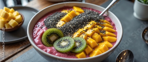 Colorful smoothie bowl topped with mango, kiwi, chia seeds on a wooden table with a side of diced mango and spoon in a cozy setting. Copy Space