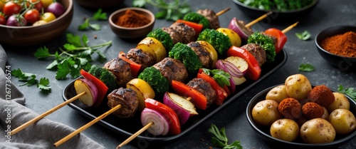 Grilled vegetable and meat skewers on a black plate with side dishes and spices on a dark textured background Copy Space