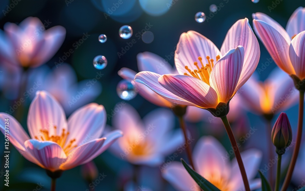 A stunning close-up of vibrant, glowing flowers in full bloom, illuminated with soft golden light. A stunning close-up of vibrant, glowing flowers in full bloom, illuminated with soft golden light.