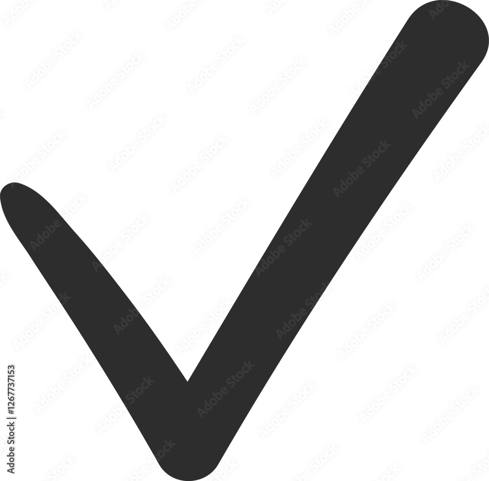 Large dark gray check mark confirms approval, agreement or positive action on plain white background, conveying a sense of completion and correctness Large dark gray check mark confirms approval, agreement or positive action on plain white background, conveying a sense of completion and correctness