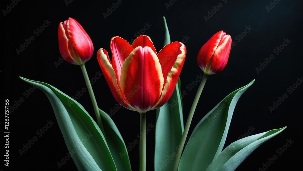 Red tulips with green leaves on a dark background displaying vibrant colors and details Copy Space