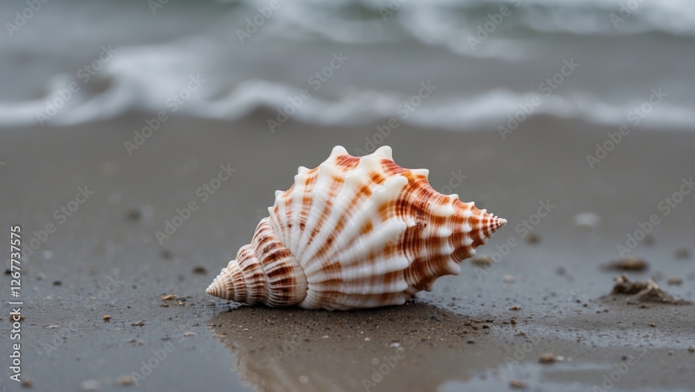 Seashell on sandy beach near shoreline with gentle waves in background natural coastal environment with copy space Seashell on sandy beach near shoreline with gentle waves in background natural coastal environment with copy space