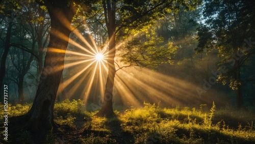 Sunlight streaming through trees in a misty forest creating starburst effect with lush greenery and soft morning light Copy Space photo