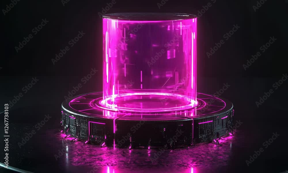 For game UX design, a hologram podium with a pink neon glow effect set against a black background. A fashionable fantasy digital technology stage with lifelike holograms.