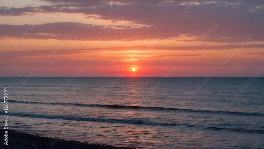 Sunset over calm waters with gentle waves reflecting vibrant colors in the sky and sandy beach in the foreground Copy Space Sunset over calm waters with gentle waves reflecting vibrant colors in the sky and sandy beach in the foreground Copy Space