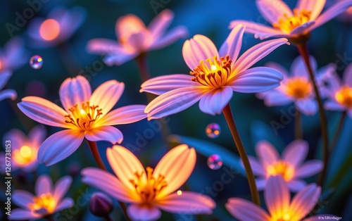 A stunning close-up of vibrant, glowing flowers in full bloom, illuminated with soft golden light. 
