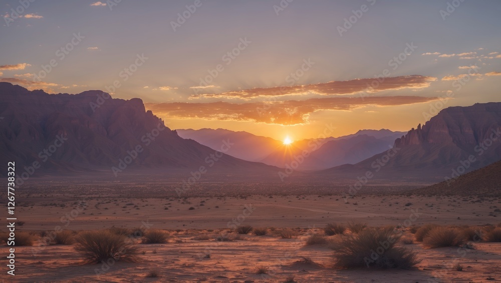 Fototapeta premium Desert landscape with mountains and distant sun setting over horizon during twilight hour Copy Space