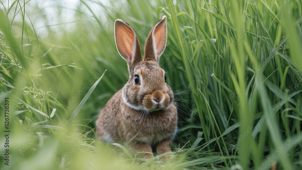 Fototapeta premium Brown rabbit sitting in tall green grass with ears perked up in a natural setting surrounded by foliage Copy Space