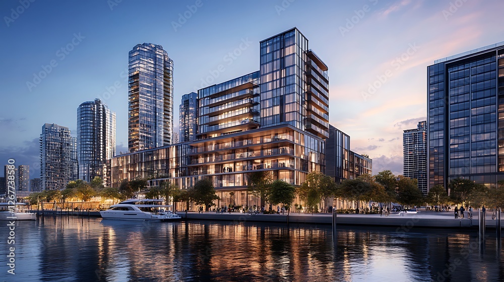 Naklejka premium business tower’s glass surface mirrors sunset with glowing interiors image