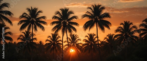 Silhouette of palm trees against a vibrant sunset sky with orange and yellow hues and sun peeking through the foliage Copy Space