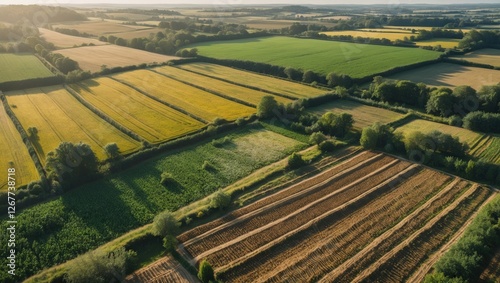 Aerial view of agricultural fields divided into vibrant sections of green yellow and brown with trees and landscape during daytime Copy Space photo