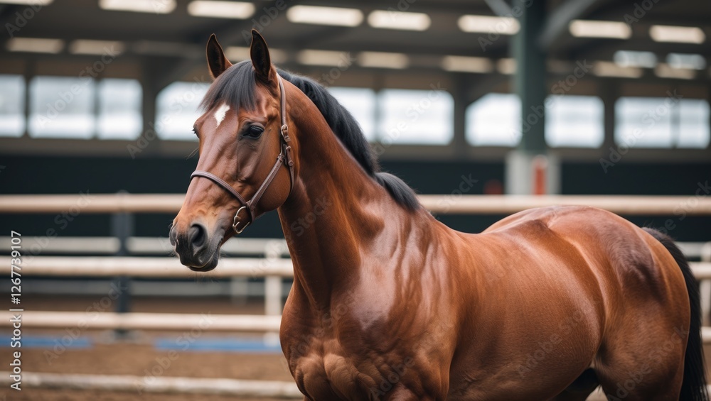 Fototapeta premium Thoroughbred horse portrait in stable environment with wooden fences and natural light, Copy Space