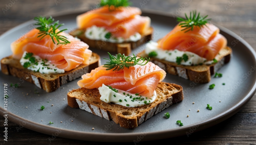 Smoked salmon canapés on whole grain bread with cream cheese and herbs served on a round plate with wooden background Copy Space Smoked salmon canapés on whole grain bread with cream cheese and herbs served on a round plate with wooden background Copy Space