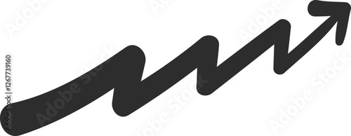 Simple, black, hand drawn arrow zigzaging upwards, symbolizing growth, progress, and achievement in business, finance, or personal development