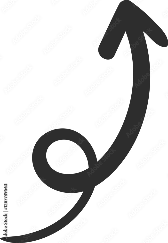 Simple yet dynamic hand drawn arrow curves upwards, representing concepts such as growth, progress, achievement, and overcoming challenges Simple yet dynamic hand drawn arrow curves upwards, representing concepts such as growth, progress, achievement, and overcoming challenges