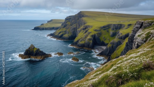 Coastal cliffs with rugged formations and green fields under a cloudy sky by the ocean with rocky islands in the foreground Copy Space