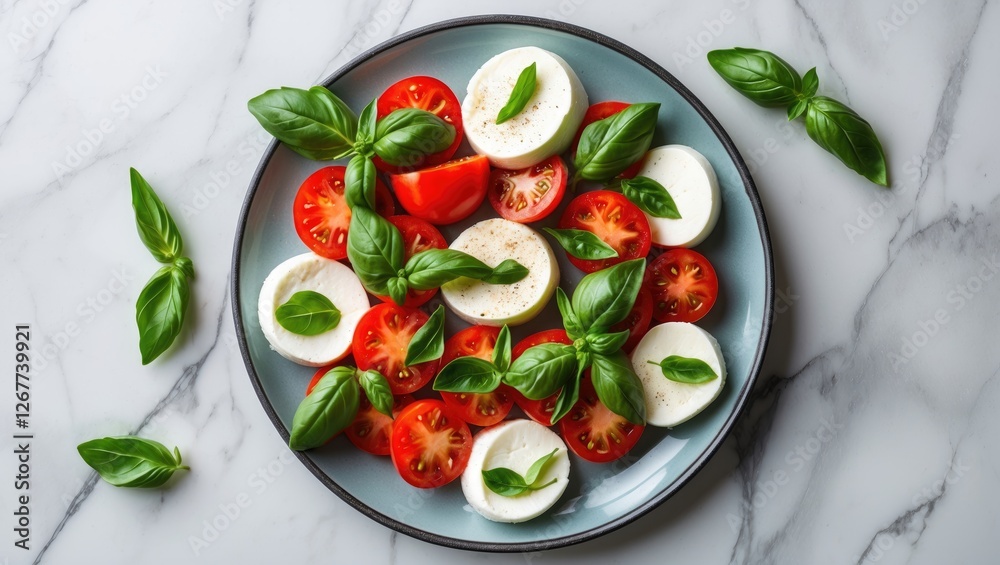 Fresh mozzarella and tomato salad with basil leaves on a marble surface. Copy Space. Fresh mozzarella and tomato salad with basil leaves on a marble surface. Copy Space.