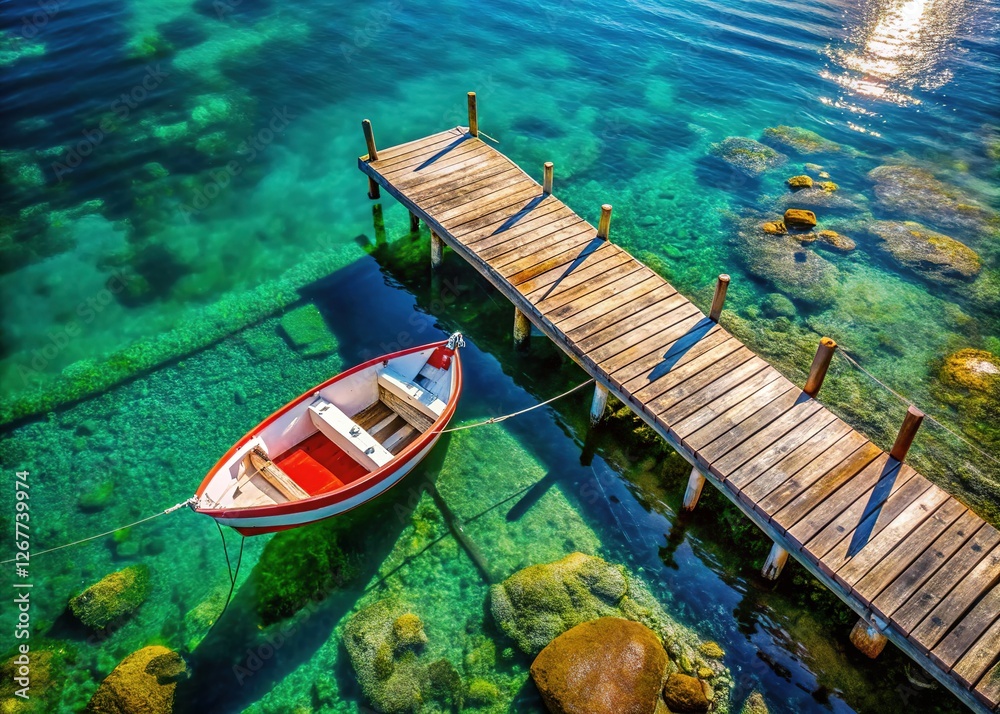 Obraz premium Wooden pier and small boat, captured from above. Drone photo.