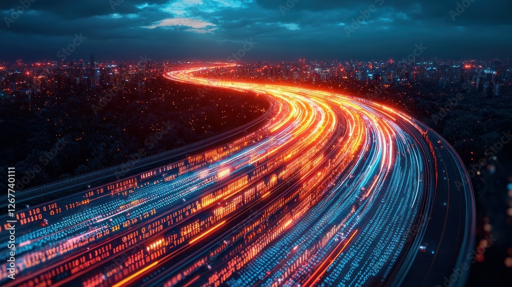 Night city highway data stream, futuristic traffic flow, digital transformation Night city highway data stream, futuristic traffic flow, digital transformation