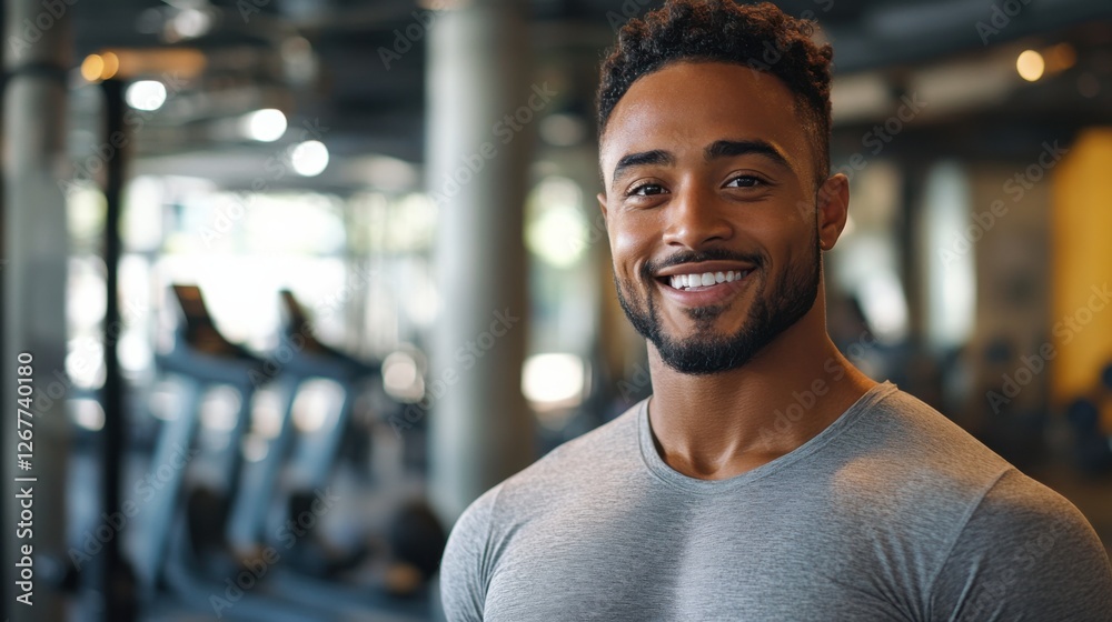 A smiling man in a vibrant workout outfit stands confidently in a brightly lit gym, surrounded by modern fitness equipment A smiling man in a vibrant workout outfit stands confidently in a brightly lit gym, surrounded by modern fitness equipment