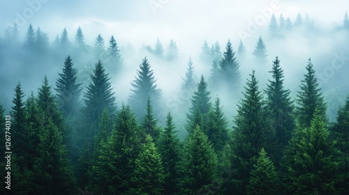 Misty forest landscape showing coniferous trees and fog