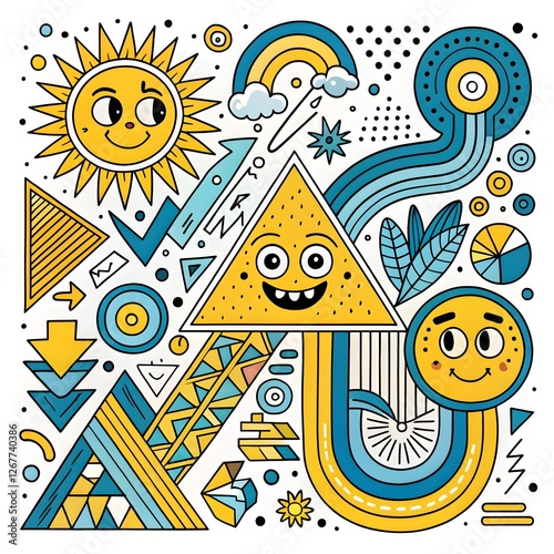 Playful Retro Cosmic Design with Geometric Shapes, Sun and Moon Faces, and Psychedelic Pop Art