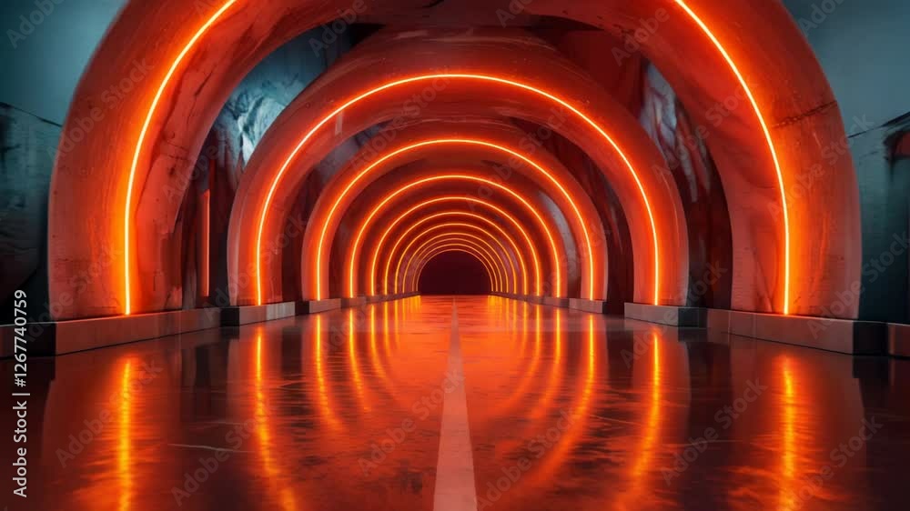 A stunning futuristic tunnel illuminated by vibrant neon orange lights, showcasing reflections on a smooth surface.