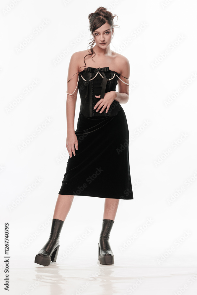 Young beautiful girl brunette of an eastern outbreak of black dress on a white background Young beautiful girl brunette of an eastern outbreak of black dress on a white background
