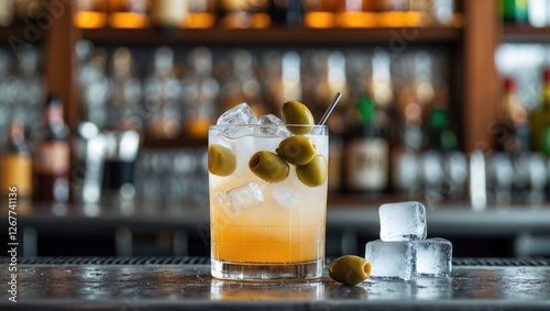 Cocktail with olives and ice cubes in glass on bar counter with blurred liquor bottles in background Copy Space photo