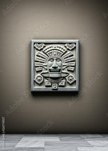 Grunge background with stone wall texture and bas-relief of a mayan king pakal wall art mockup interior wall frame mockup art home empty modern decoration poster photo